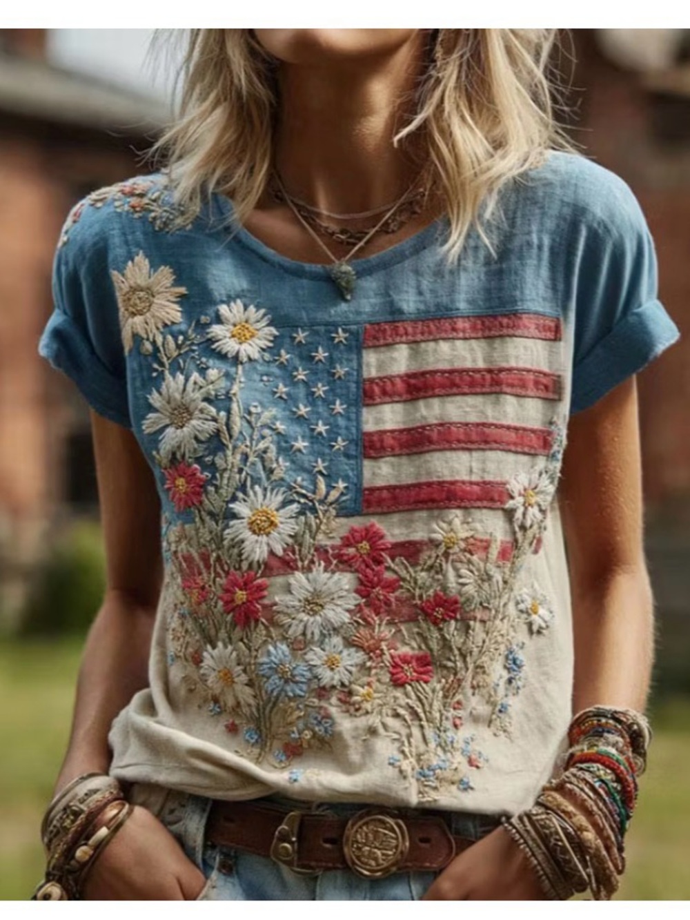 Boho Floral American Flag Tee - Blue & Cream Women’s Top